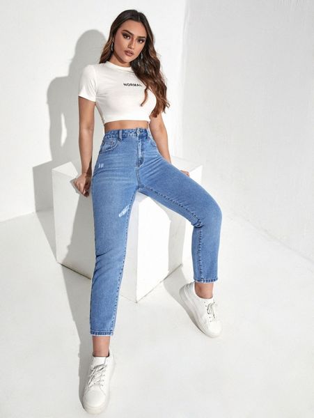 

high waist ripped frayed mom jeans b0uc#, Blue