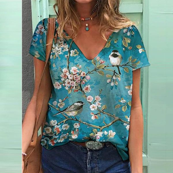 

women's t-shirt 5xl oversized ladies women plus size floral 3d print t shirt loose v-neck short sleeve casual tee summer streetwear, White