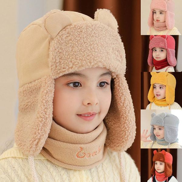 

4# winter children hats knitted baby girls and boys hat with warm fleece lining cute hats for kids plush kids warm, Yellow