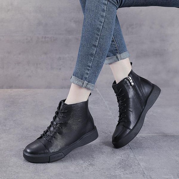 

boots short women spring and autumn single first layer cowhide 2021 retro round toe, Black