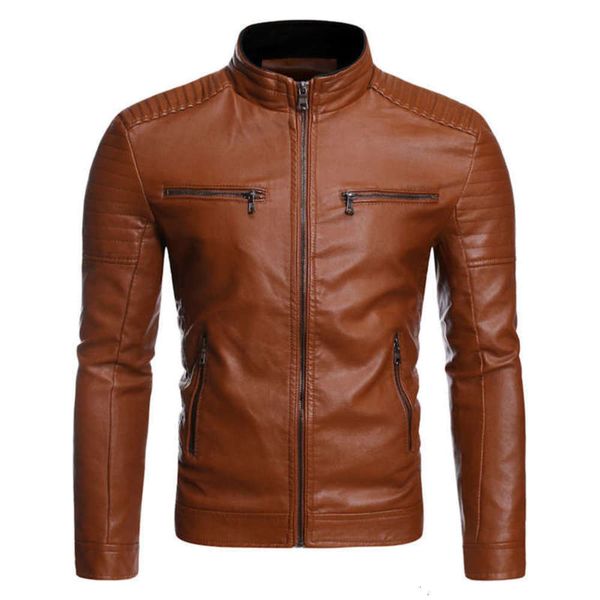 

2021washed pu youth stand collar motorcycle leather jacket men's, Tan;black
