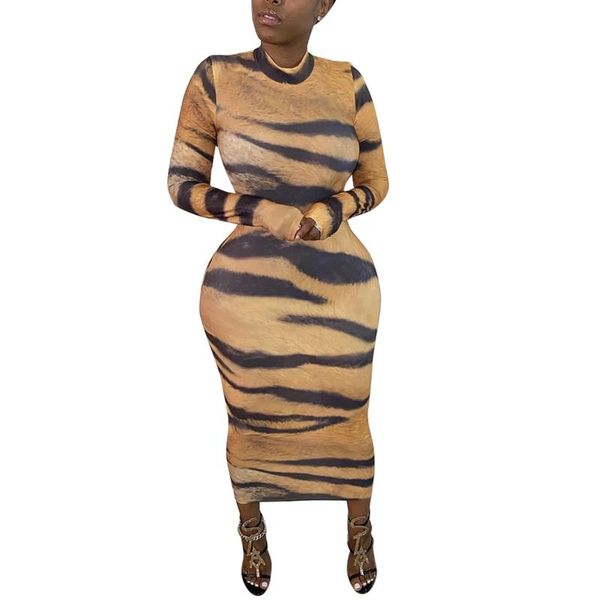 

women autumn tiger pattern skinny midi dress fashion long sleeve dresses ladies club wrapped bodycon dresses vestidos casuais, Black;gray