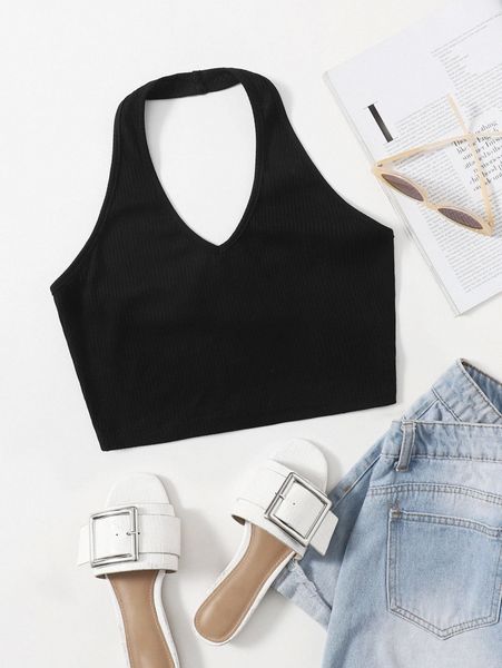 

rib-knit crop halter 96aq#, White