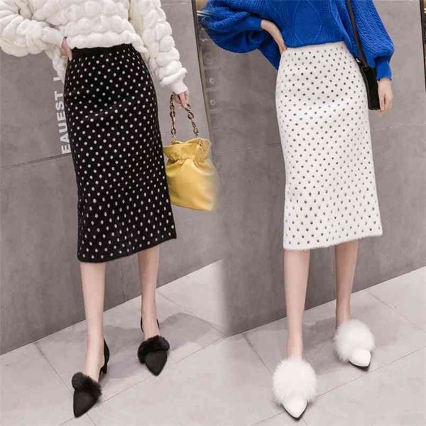 

autumn & winter elastic high waist slim stretch all-match casual women a-line bag hip woolen long skirt 210527, Black