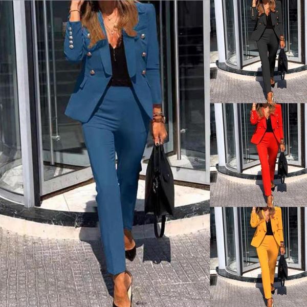 

two piece dress 2021 2 set women suit double breasted blazer and trousers elegant high fashion chic lady woman outfits pants suits, White