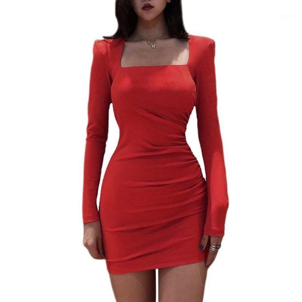 

casual dresses women long sleeve square collar dress shoulder pad solid color for ladies female, Black;gray