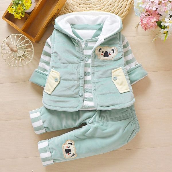 

winter warm baby clothes double layer koala thick cotton suits for girls and boys hooded vest+jacket + pants 3pcs 0-3y, White