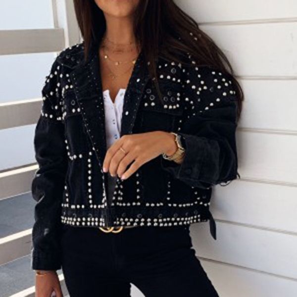 

winter autumn women harajuku rivet jacket coat short jeans jacket basic coats outfit long sleeve single-breasted jacket t191114, Black;brown