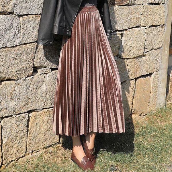 

2020 women velvet pleated maxi long skirt elegent high waist a line midi skirts fashion femme party skirt autumn winter, Black