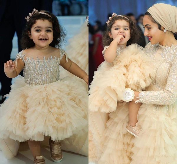 

2020 champagne flower girl dresses hi-lo lace beaded tiers tulle little girl wedding gowns cap sleeve first communion pageant dresses, White;blue