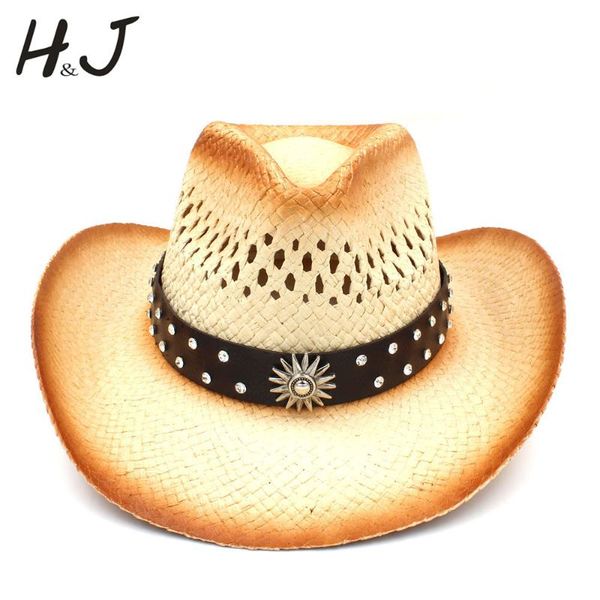 

stingy brim hats 2021 women men sun hat with punk leather ribbon lady dad straw beach sombrero cowboy cap roll up size 58cm, Blue;gray