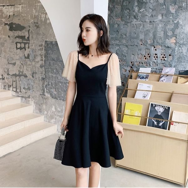 

dress women's summer 2021 new short sleeve french hepburn style small black dress, Black;gray