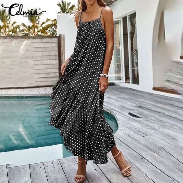 

casual dresses celmia spaghetti strap sundress 2021 summer women polka dot long maxi dress ruffles hem holiday party vestidos 7, Black;gray