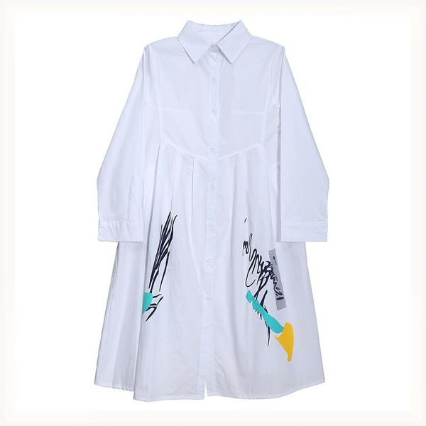 

casual dresses white pattern printed midi shirt for women 2021 lapel long sleeve dress woman loose fit fashion tide spring autumn, Black;gray