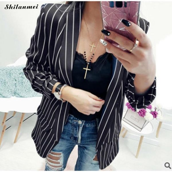 

women's suits & blazers blazer women suit fashion black and white striped jacket lapel cardigan long sleeve office ladies coat, White;black