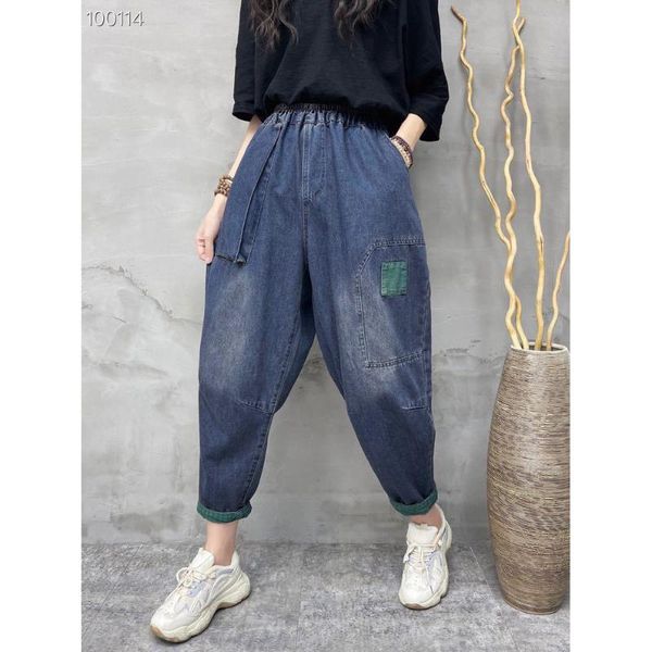 

women's jeans autumn arrival harem retro loose hip hop streetwear bleached patchwork premium cotton washing big pocket denim pants, Blue