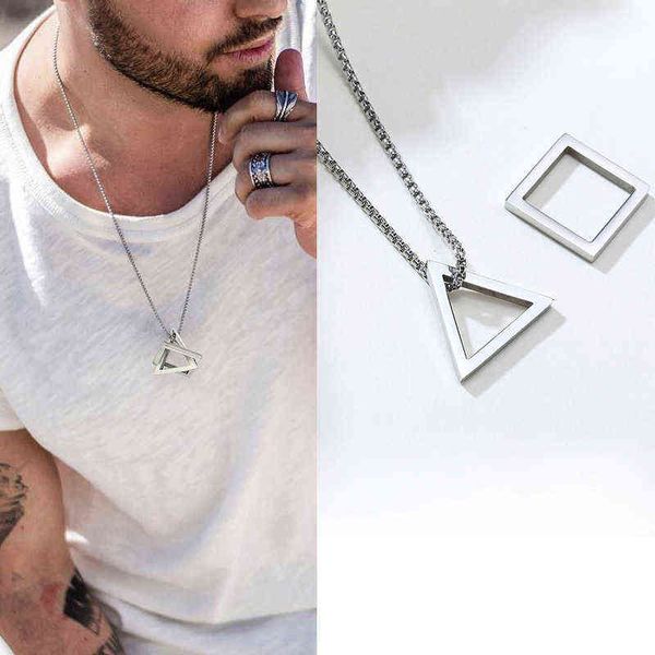 Beliebte Herren-Halskette, ineinandergreifender quadratischer Dreieck-männlicher Anhänger, moderne, trendige geometrische Halsketten aus Edelstahl, Hipster-Schmuck G220310