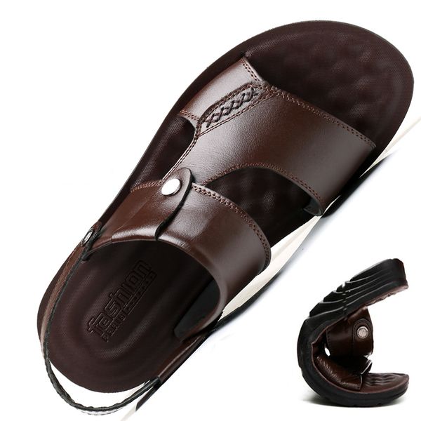 

genuine leather fashion comfortable sandals walking shoes men's summer trends leisure in the open air anti-slip sandals slippers fz9t, Black
