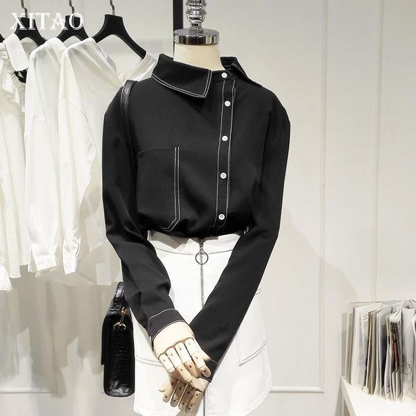 

xitao match all elegant black shirt fashionable skew collar irregular pocket blouse clothes 2021 autumn korean new wld2300, White