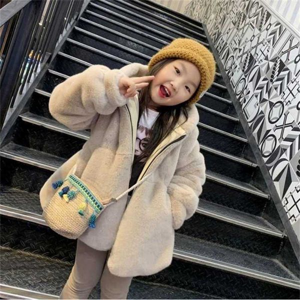 

autumn winter plush girls hooded coat real rabbit fur jackets warm kids clothing teenage children thicken outerwear 211204, Blue;gray