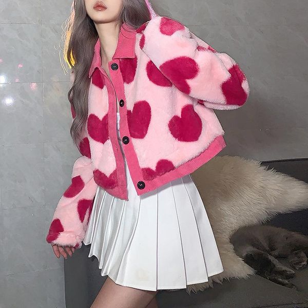 

women's fur & faux winter buttonheart printing pink jacket girls harajuku cute loosen students thick warm hooded coat, Black