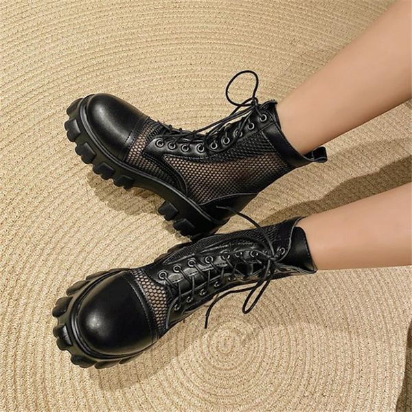 

boots pxelena gothic rome women spring fall mesh breathable ankle platform high heels chunky punk shoes large size 34-46 black