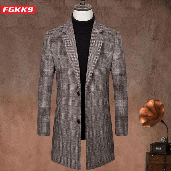 

men's wool & blends fgkks blend coat men brand casual thick warm long section overcoat winter slim plaid coats male, Black