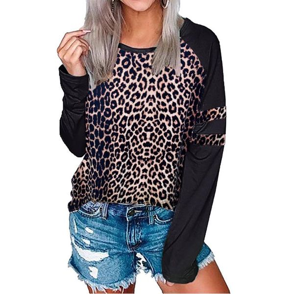 

women's blouses & shirts leopard print casual crewneck long sleeve striped loose pullover patchwork ladies' sle, White