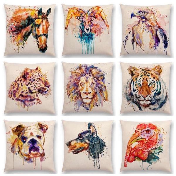 

cushion/decorative pillow watercolor animals cushion cover linen head bighorn lion leopard tiger bear eagle horse dogs home sofa throw case