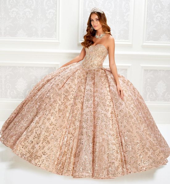 Rose Gold Ballkleid Quinceanera Kleider Pailletten Milchic Korsett Spitzenperlen Abschlussballkleid mit Wrap Prinzessin Partykleider Schnürung