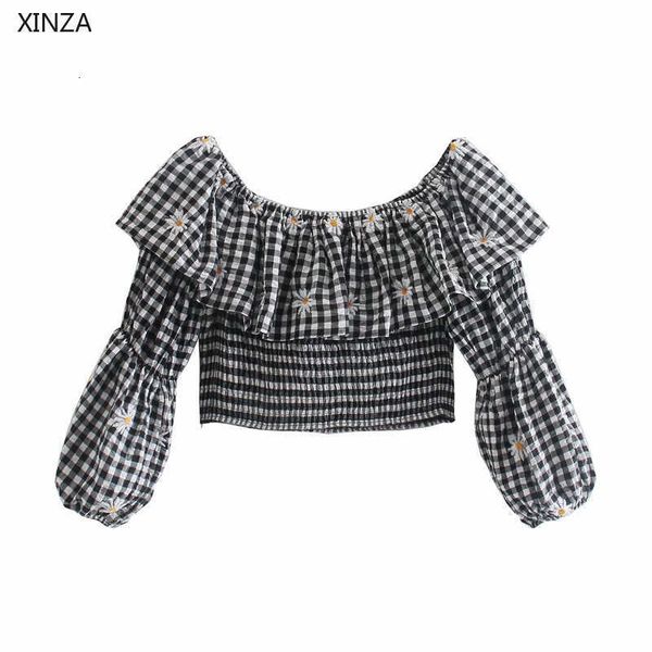 

women's knits & tees women embroidered blouse long puff sleeve cropped plaid chic smocked elastic ruffle retro shirt summer b, White
