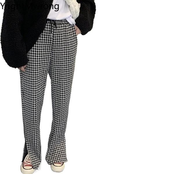 

women's pants & capris drawstring high waist loose straight side split houndstooth plaid pant women korean cotton long trouser simple c, Black;white