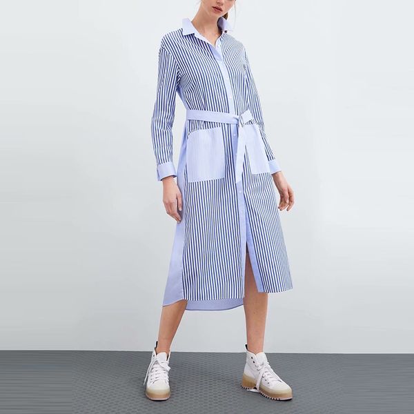 

women spring long sleeve striped long maxi dress vintage sashes female split dress casual street wear lady a-line dress, Black;gray