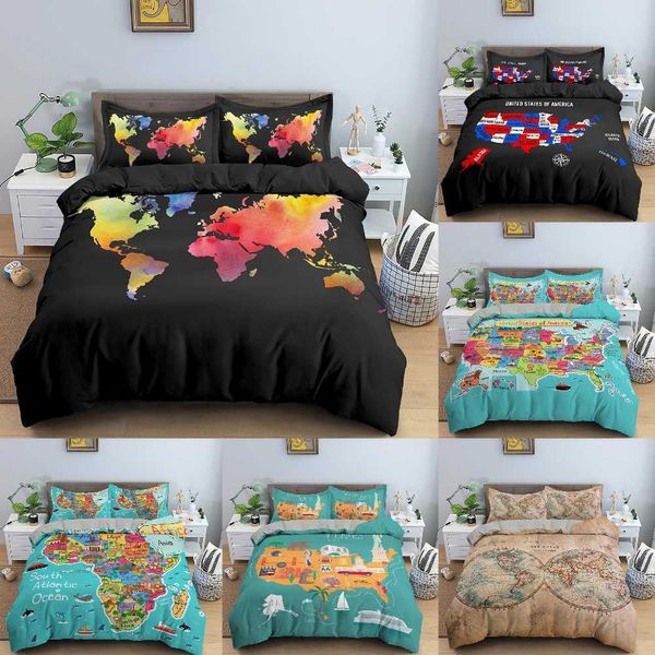 Mapa do mundo Luxury Bedding Set vívido Impresso Cama colorida Duveta Capa com travesseiro Coberturas Soft Cozy Home Têxteis Queen size 2/3pc 210615