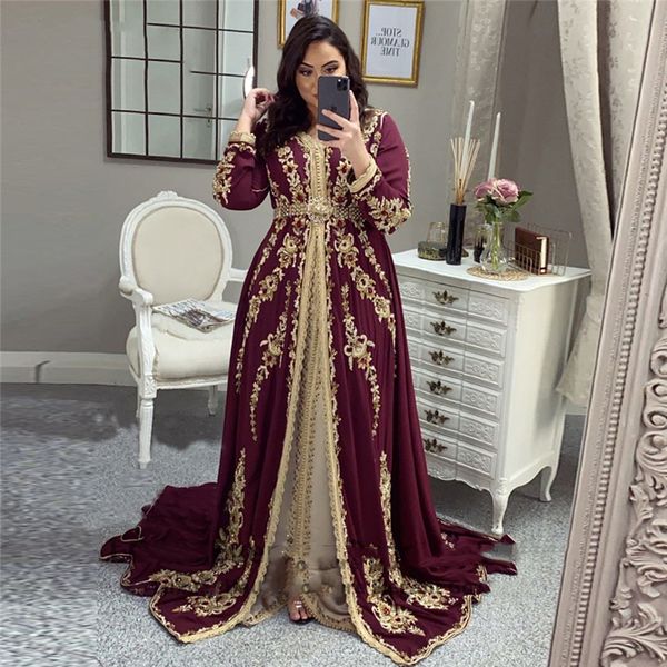 Elegante Marroquino Kaftan Vestidos De Noite Borgonha Bordado De Manga Longa Mulheres Festa De Festa De Festa Formal Vestidos De Ocasião Árabe Cafetan Vestido Muçulmano Plus Size 2022