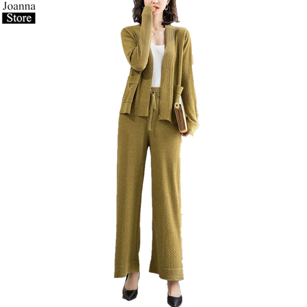 

women's tracksuits spring knitted two-piece set women long sleeve pockets sweater cardigan high waist loose wide leg pants casual plus, Gray