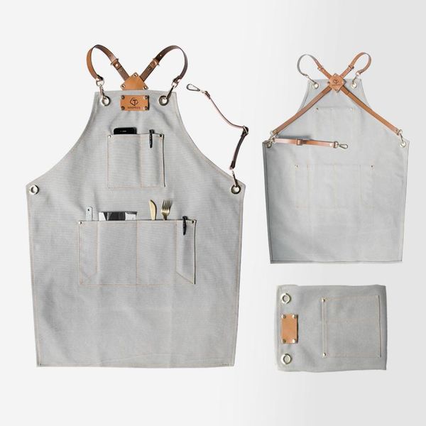 

aprons cotton denim apron funny cooking work with pockets genuine leather strap for men women barber cafe restaurant dw13