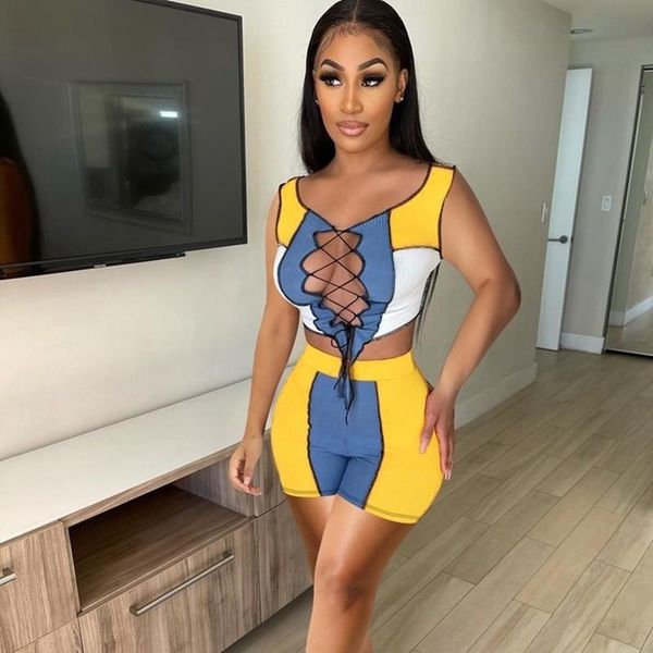 

women's tracksuits ueteey color patchwork ribbed two piece outfits women summer lace-up crop + biker shorts set streetwear 2, Gray