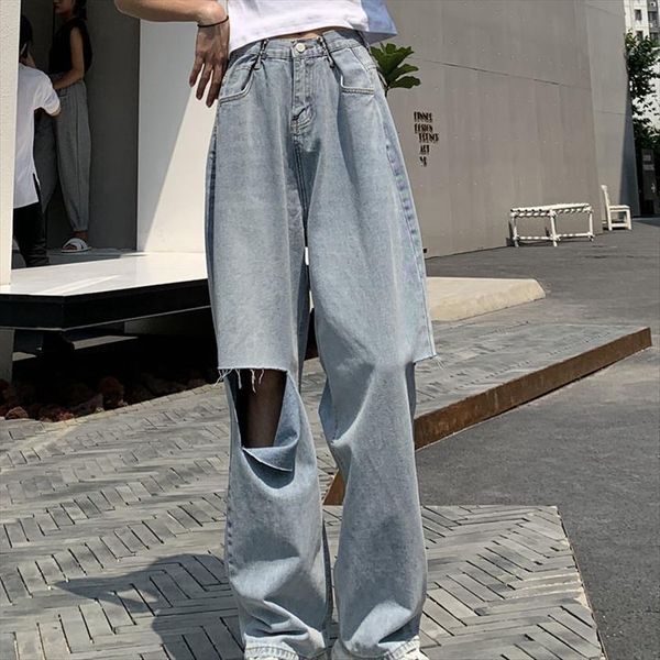 

high waist full length women jean wide leg trousers hip hop cotton loose retro chic cool girls womens denim pants, Blue