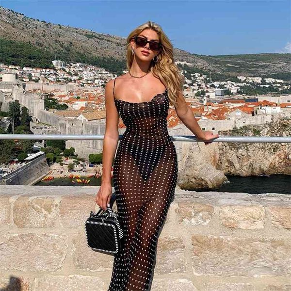 

black spaghetti strap sleeveless bodycon dress dot printed backless lace-up see through for women party club clothing 210604, Black;gray