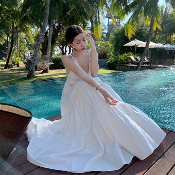 

casual dresses v neck summer beach style white color ruffles hem midi dress women high waist strap boho streetwear vestidos, Black;gray