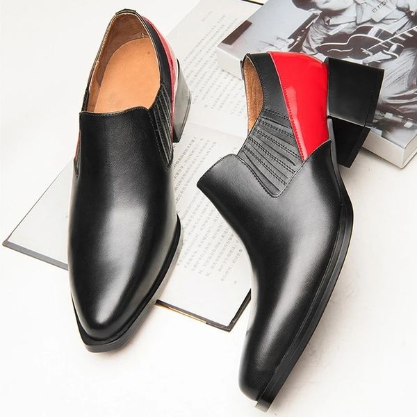 Novo elegante estilo genuíno de couro formal vestido alto salto alto (5 cm) sapatos pontiagudos do pé de toe no homem casual mocassins de runway