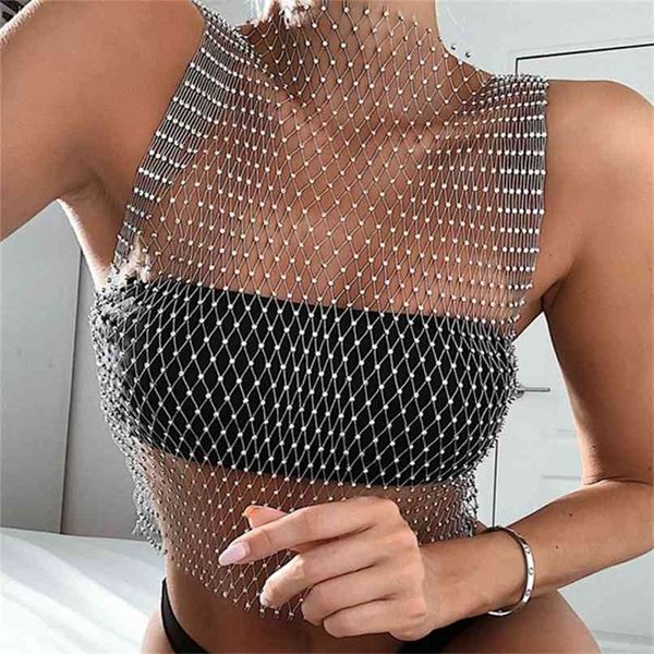 

shiny tank women see through grid patchwork hollow out sleeveless crop fashion clubwear lady s 210705, White