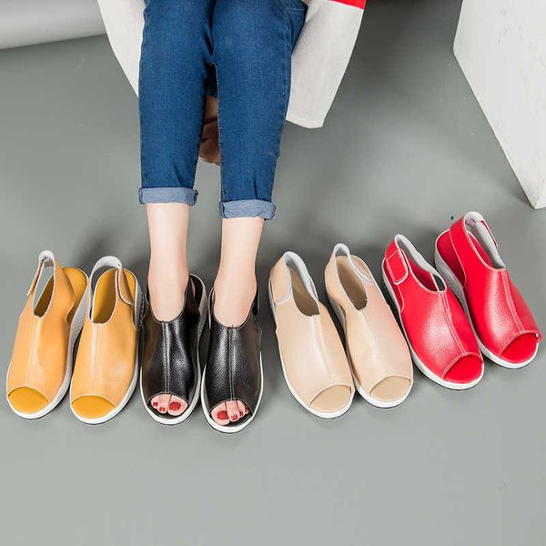 

summer women sandals platform wedges sandals leather swing peep toe casual shoes women walk shoes flats size 35-42 y0721, Black