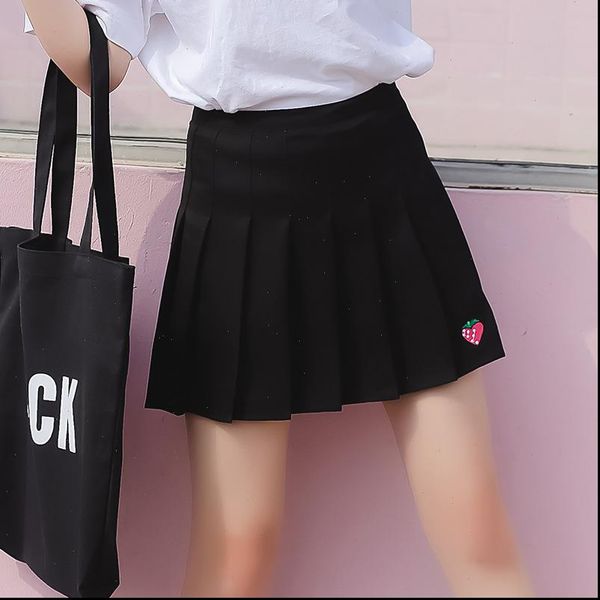 

korean version of the brand a word mini temperament cute light solid color strawberry embroidery pleated harajuku summer skirt, Black