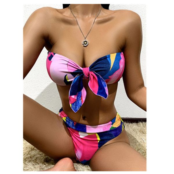 

womens bow-knot bikini swimwear fashion trend printing gather bras briefs split swimsuit summer female new tube hollow out beach bikini, White;black