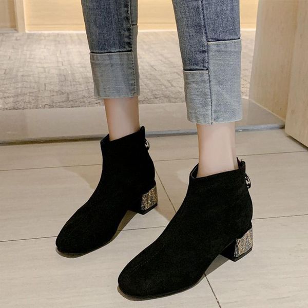 

dress shoes solid round toe med women autumn ankle boots concise leisure vintage short hoof heels winter plus size#3, Black