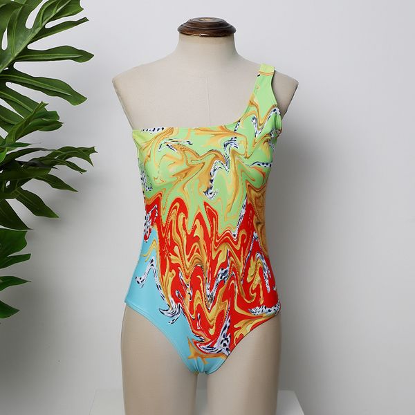 

new ver fashion triangle one shoulder women's print color matching spring resort swimsuit, Black;green