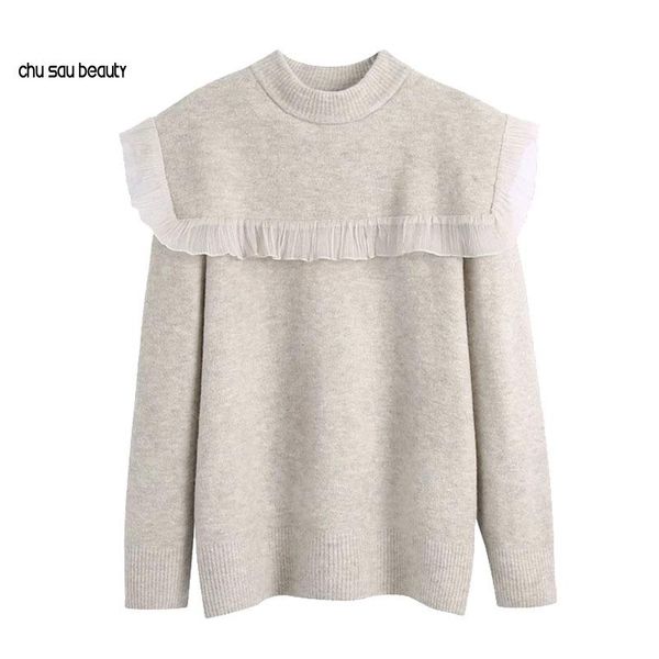 

women 2021 fashion patchwork organza ruffled knitted sweater vintage o neck long sleeve female pullovers chic c198, White;black