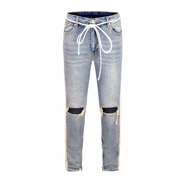 

2021 new 90s high street wind retro white flagstaff hole zipper kanye west stretch slim jeans men fog fashion leisure cotton jogger pants 3c, Blue
